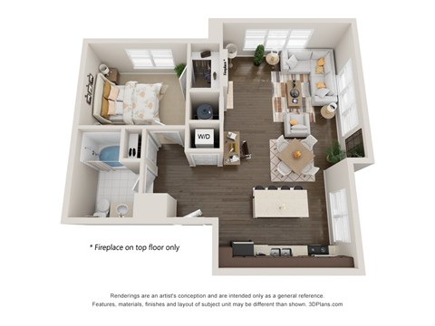 A 3D floor plan of a small apartment with a kitchen, living room, and bedroom.